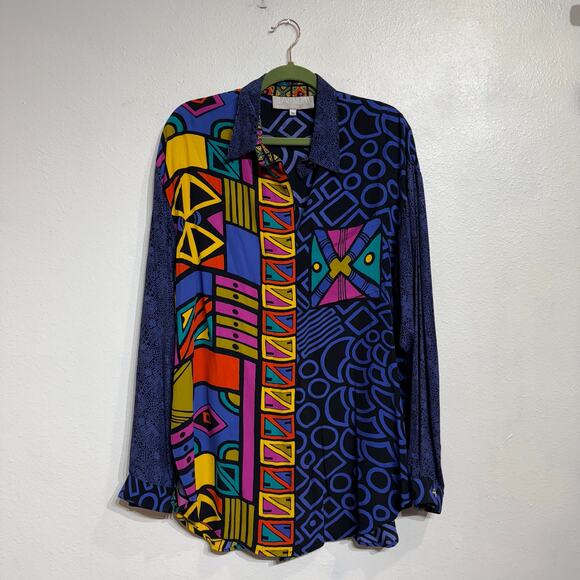 Platinum Blue Geometric Oversized Vintage Button Down Blouse Sz M - Picture 2 of 10